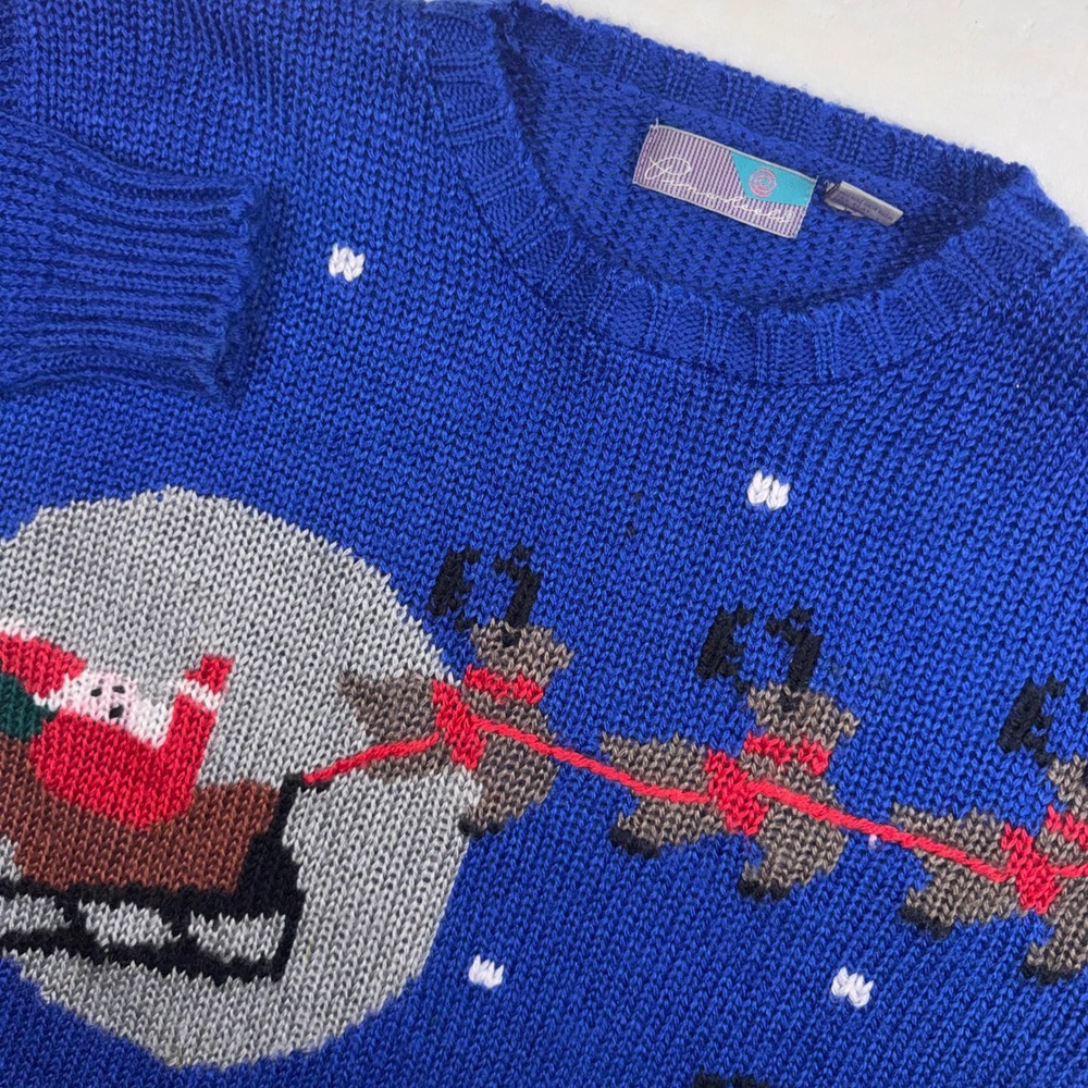 Pinwheels Christmas Sweater Women Large Blue Santa Reindeer Vintage Knit